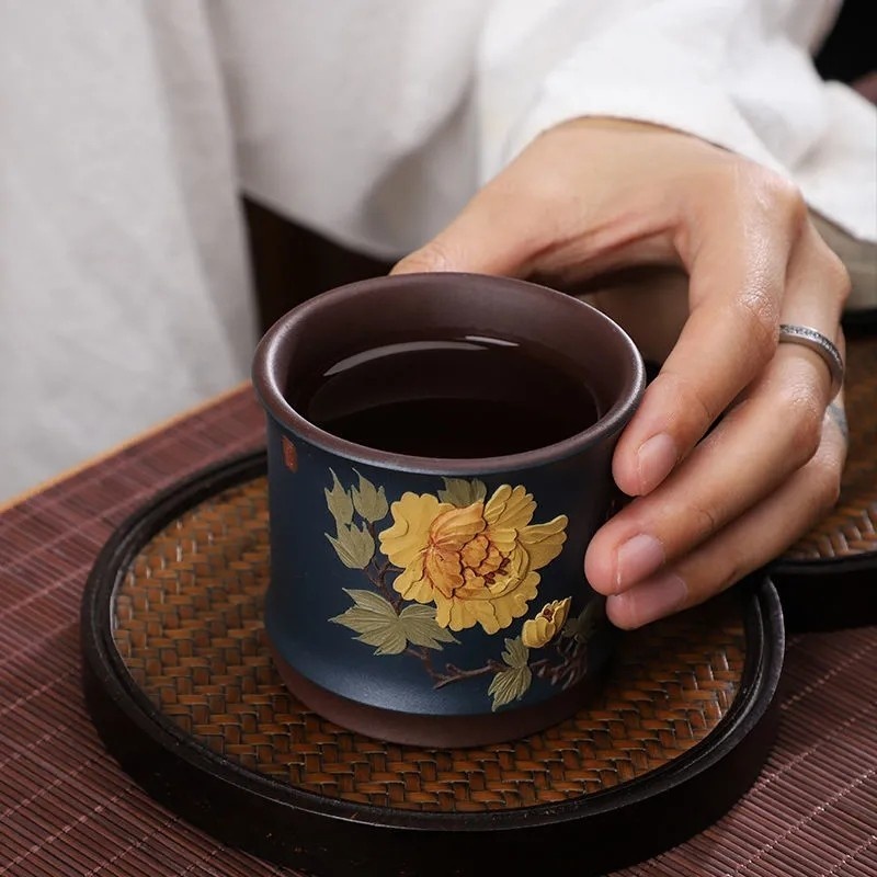 新功茶馆 紫砂茶杯花开富贵主人杯紫泥原矿泥绘图个人杯功夫茶杯