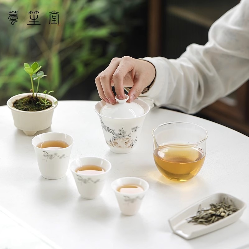 新功茶馆 墨竹旅行茶具户外随身便携式快客杯一壶三杯出差手绘陶瓷茶具套装