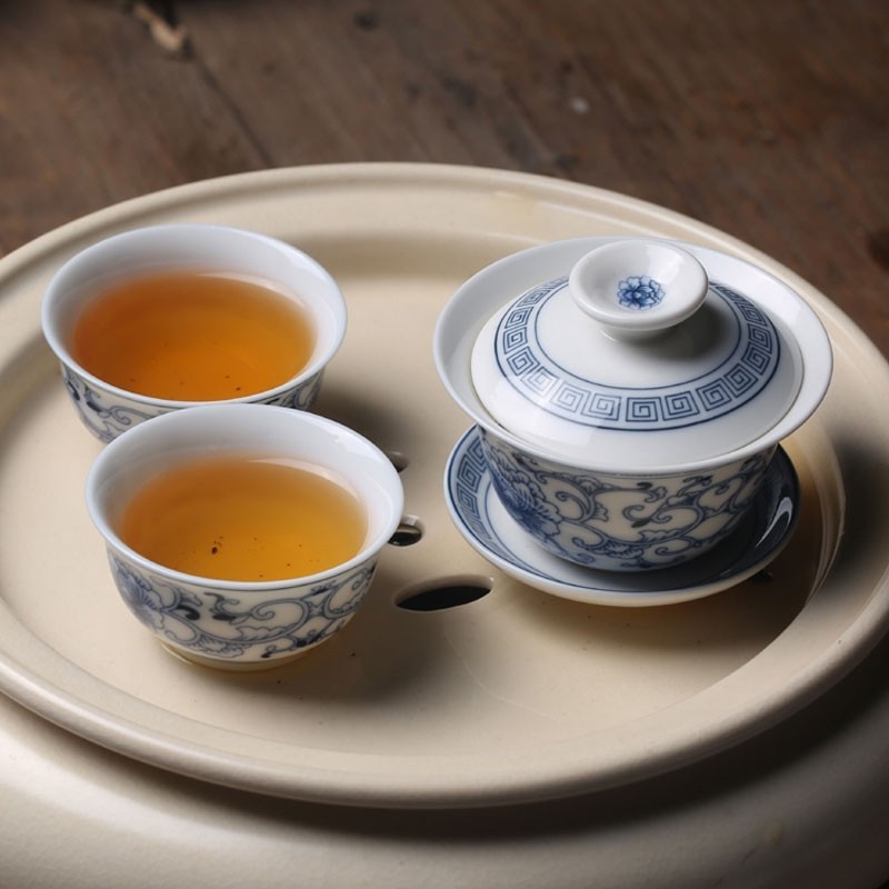 新功茶馆 潮州青花瓷釉中彩缠枝牡丹工夫茶具茶杯茶壶盖碗杯垫