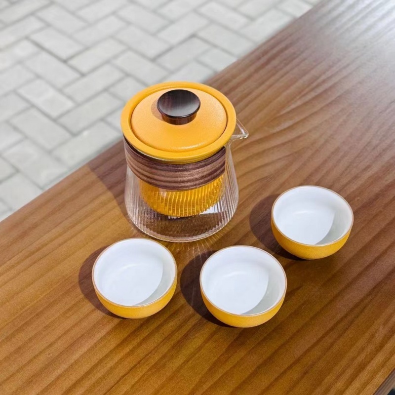 新功茶馆 观茶快客杯户外简约陶瓷玻璃一壶三杯便携式旅行茶具